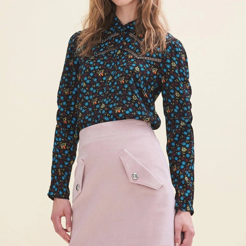 Maje Floral Print Ladder-Seam Snap Button Shirt Women’s Size 1/ Small